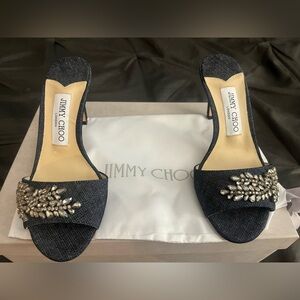NEW Jimmy Choo Stacey 85mm heel denim mules with embellished crystals. 35 1/2